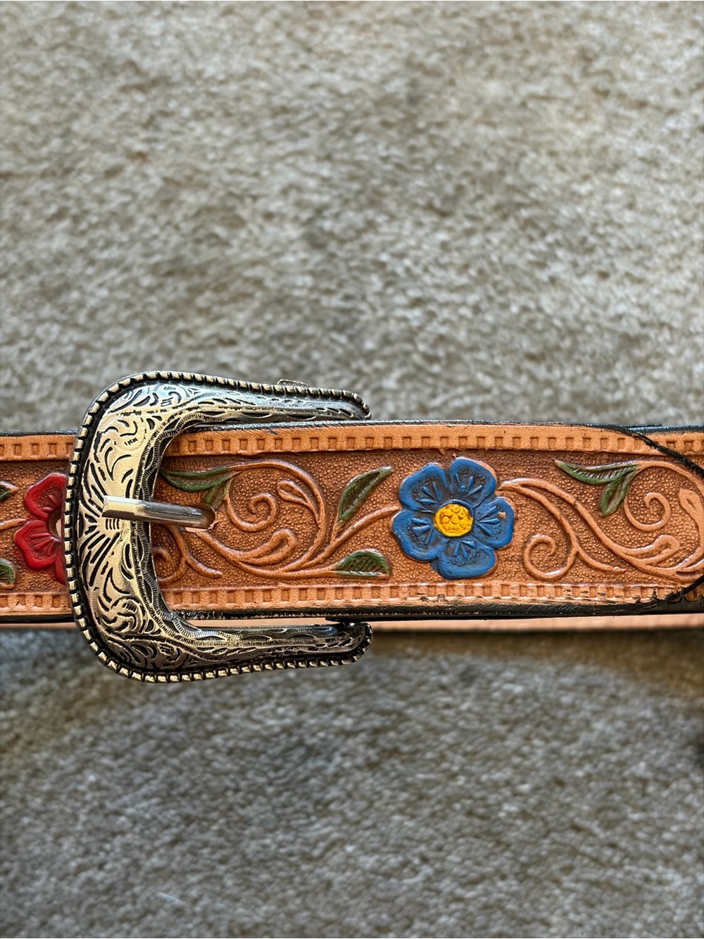 Tooled Floral Leather Belt with Engraved Silver Buckle